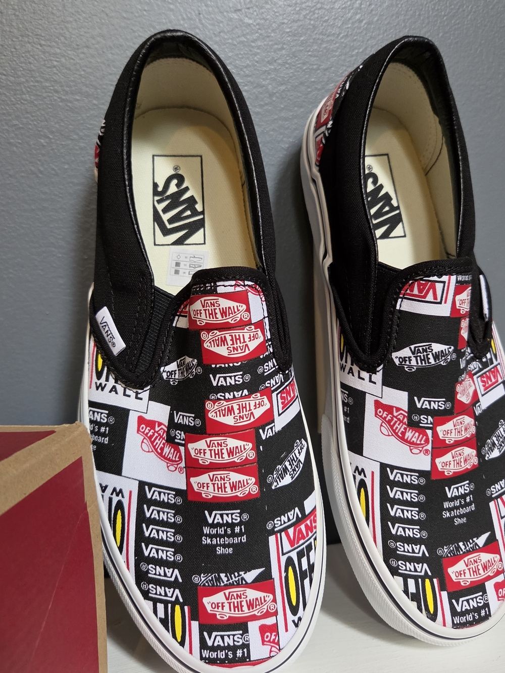 Vans Slip-On Sneakers with Black, Red & White Logo Print Size 9.5W/8M -NEW/BOX